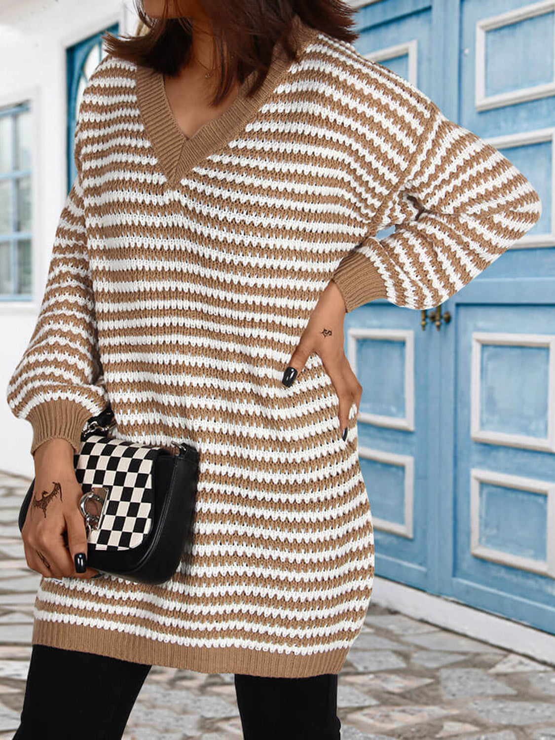 Striped V-Neck Sweater Dress | Acrylic Sweater Dress With long Cuffed Sleeves