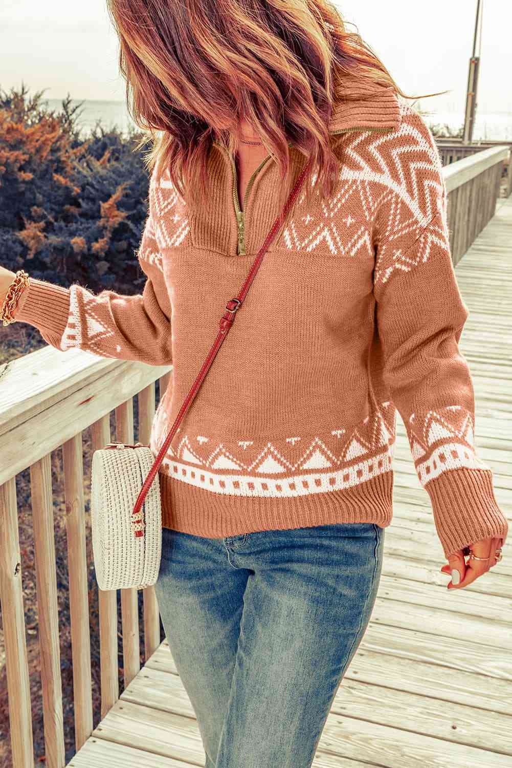 Zip-Up Mock Neck Dropped Shoulder Pullover Sweater | Casual Printed Sweater