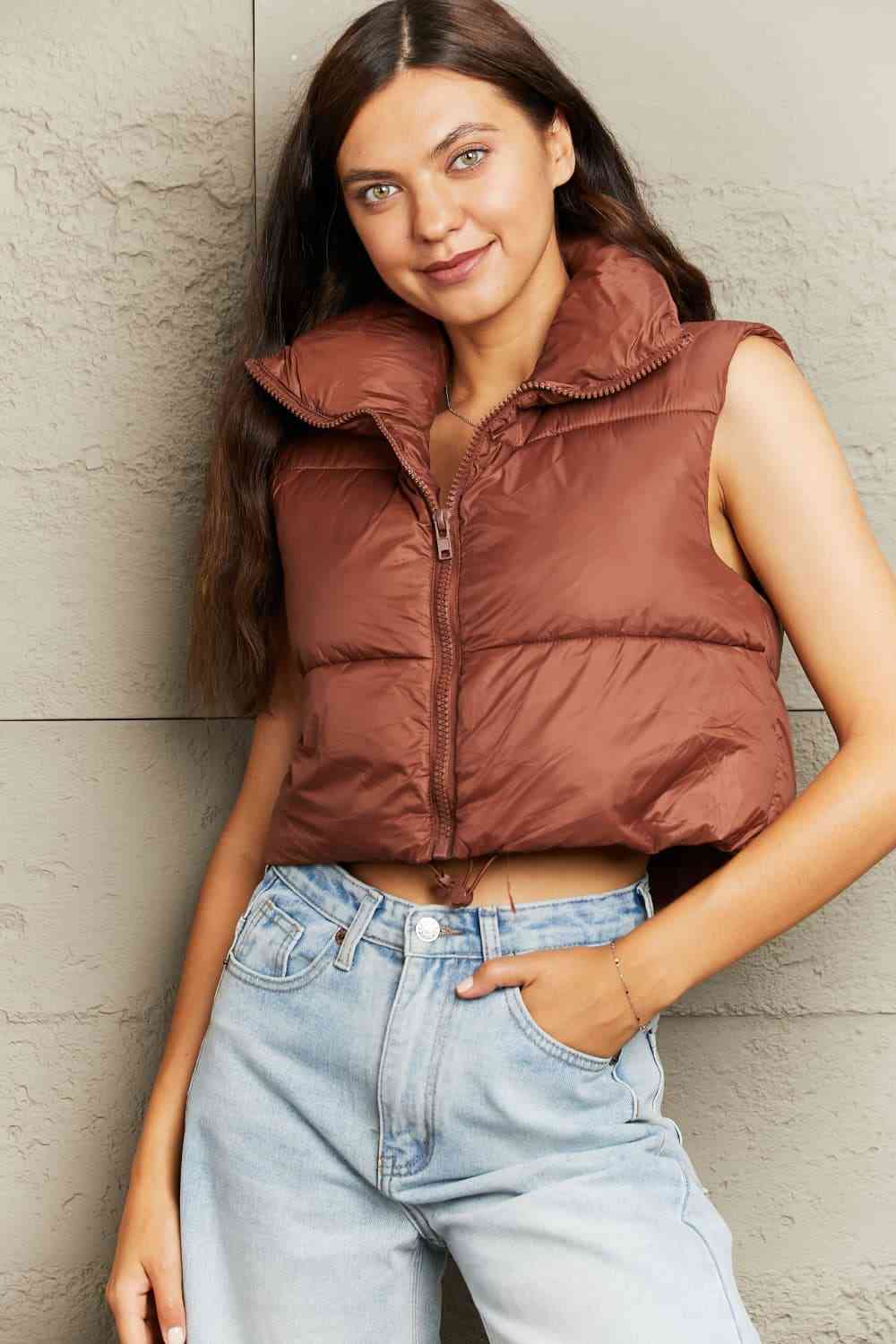 Zip-Up Drawstring Puffer Vest | Cropped Solid Band Collar Polyester Vest