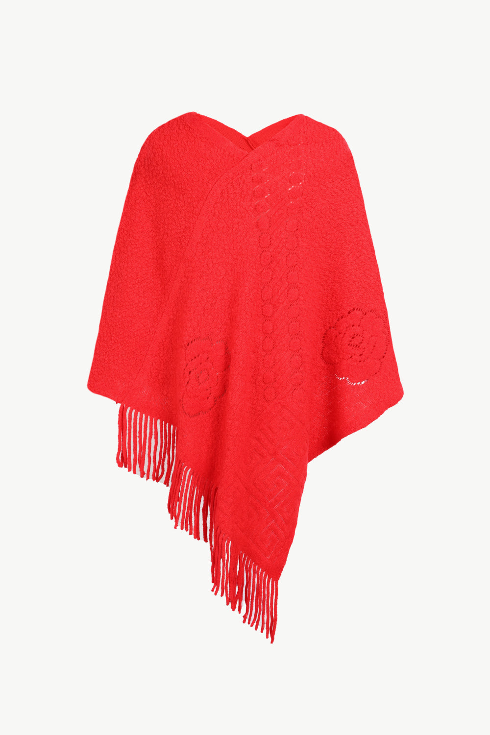 Pearl Trim Fringe Hem Poncho | Casual Solid Woman's Stretchy Acrylic Poncho