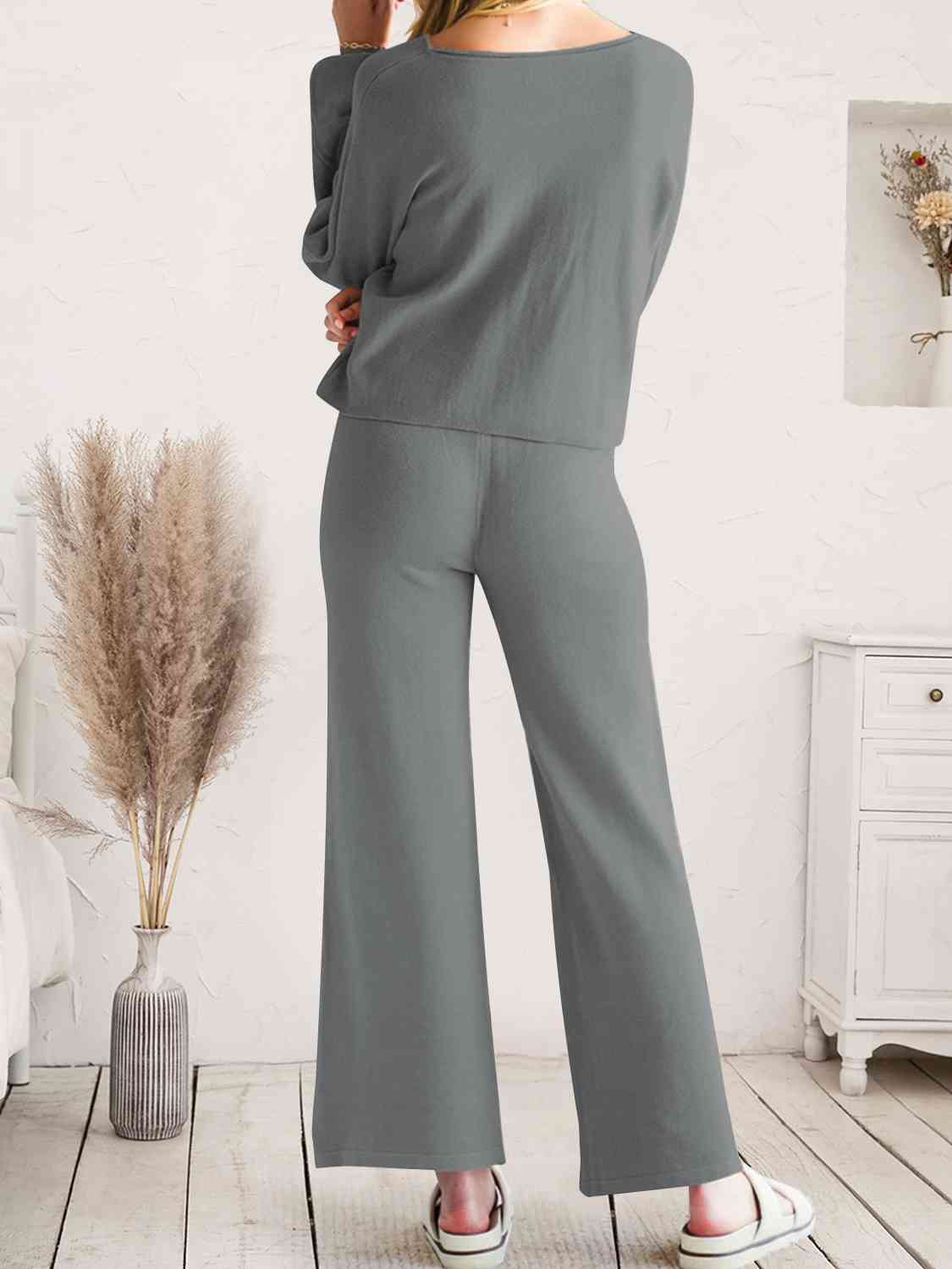 Long Sleeve Lounge Top and Drawstring Pants Set | Solid Acrylic Night Set