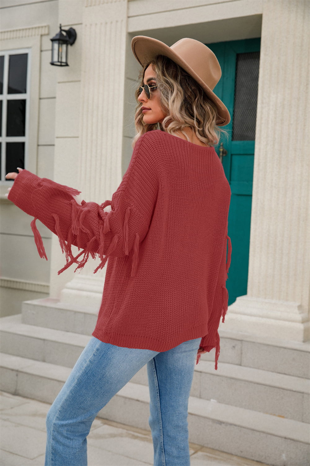 Ribbed Round Neck Fringe Detail Sweater | Solid Acrylic Sweater With Long Sleeve