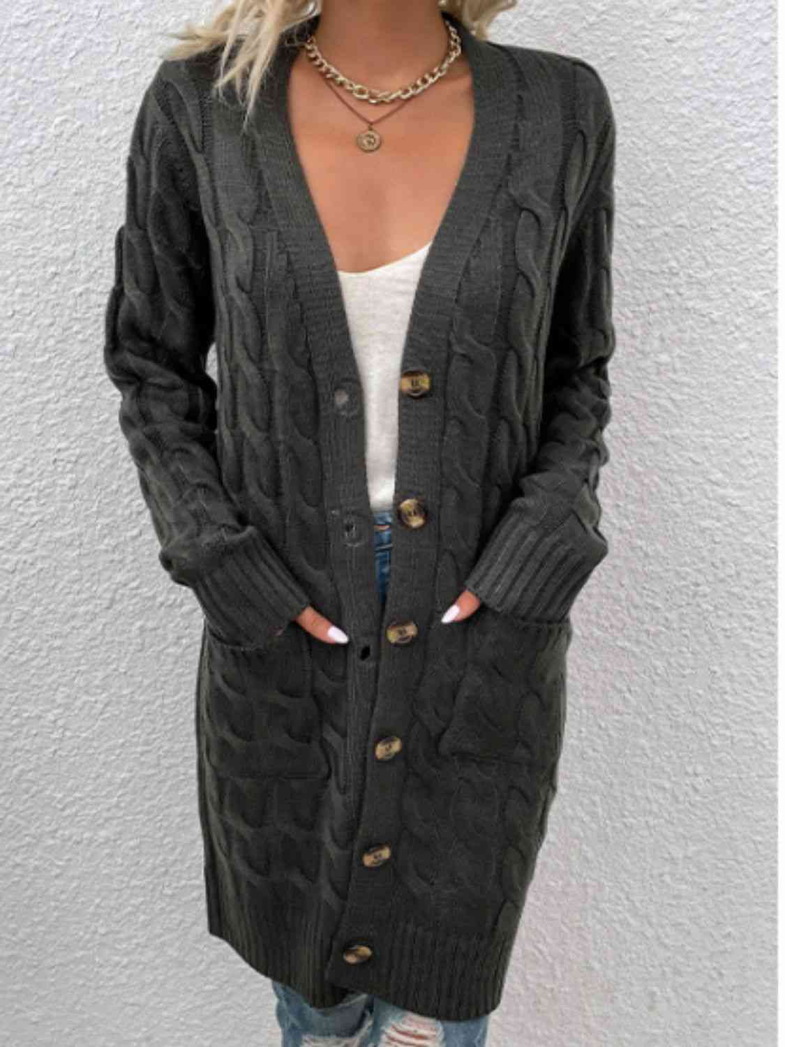 Cable-Knit Button Down Cardigan with Pockets | Cardigan With Ribbed Details