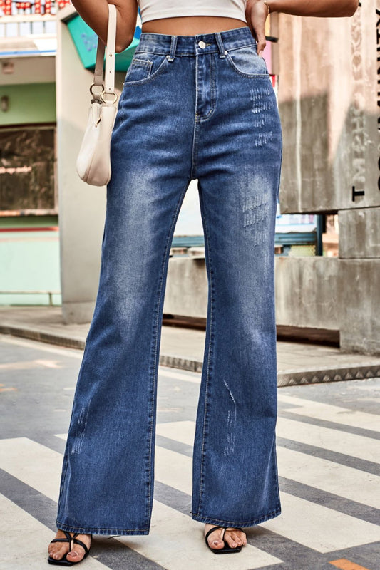 Buttoned Loose Fit Jeans with Pockets | Casual Solid Woman's Long Rayon Jeans