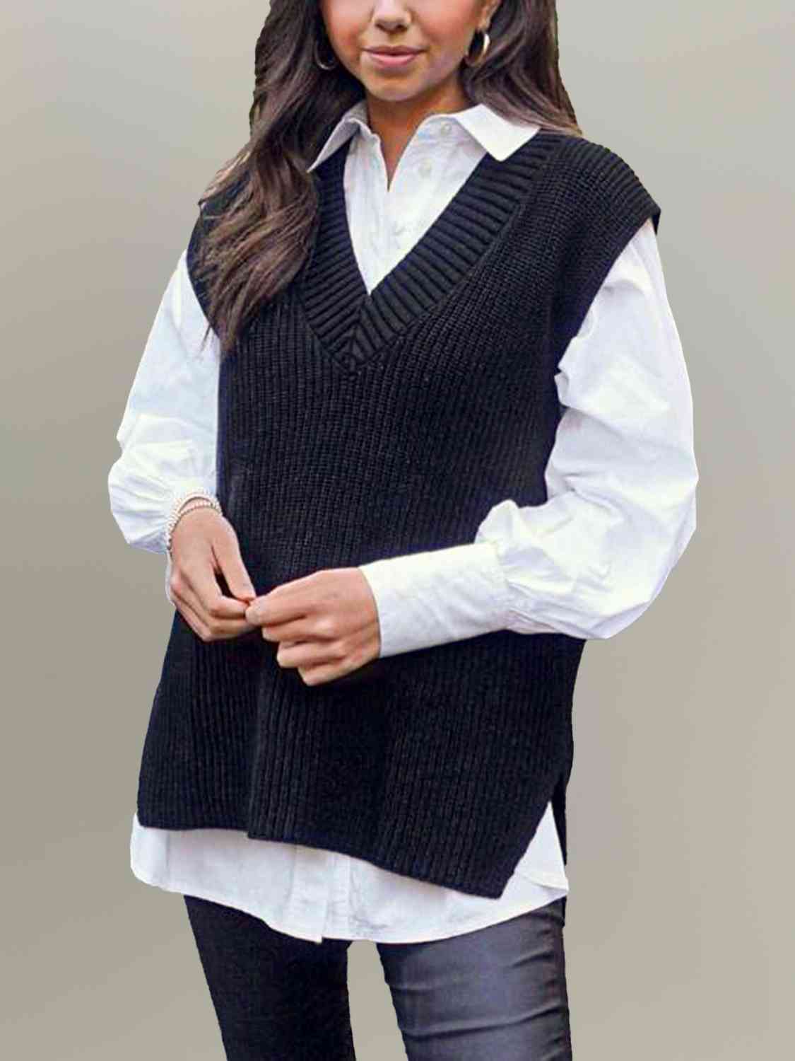 V-Neck Slit Sweater Vest | Solid Woman's Polyester Vest With Ribbed Neck