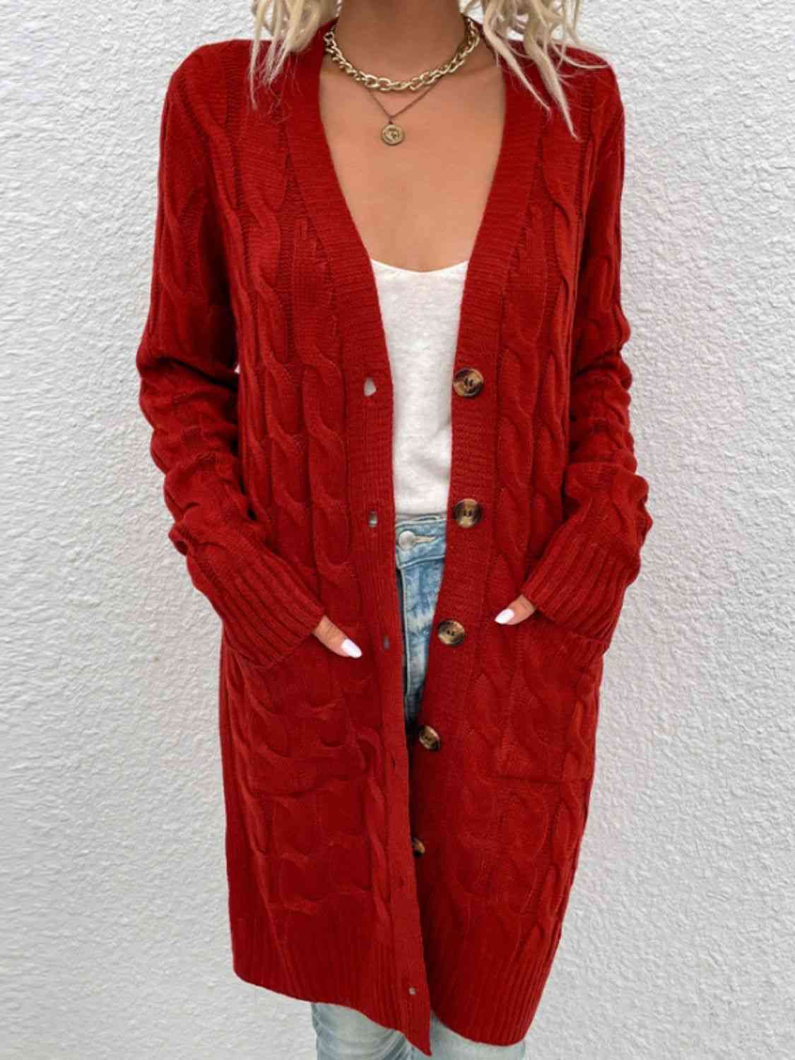 Cable-Knit Button Down Cardigan with Pockets | Cardigan With Ribbed Details