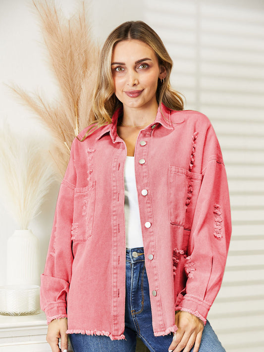 Distressed Raw Hem Denim Jacket | Casual Solid Pocketed Jacket With Collar Neck