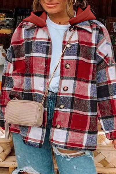 Plus Size Plaid Button Up Hooded Jacket | Polyester Jacket With Long Sleeves