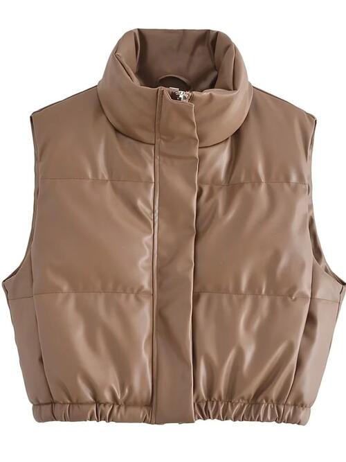 PU Leather Zip Up Drawstring Vest | Solid Polyester Vest With High Neckline