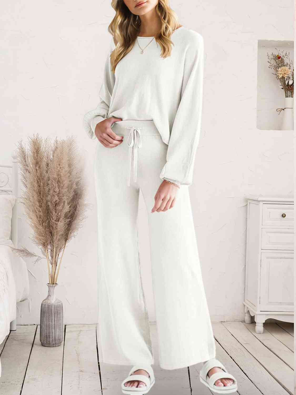 Long Sleeve Lounge Top and Drawstring Pants Set | Solid Acrylic Night Set