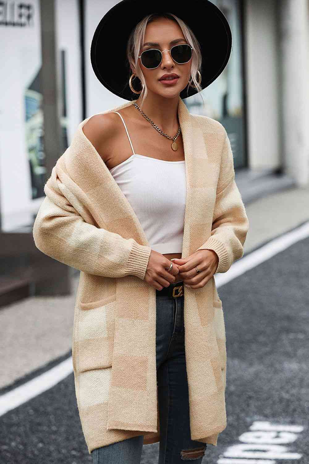 Plaid Dropped Shoulder Cardigan with Pocket | Checkered Open Frond Cardigan