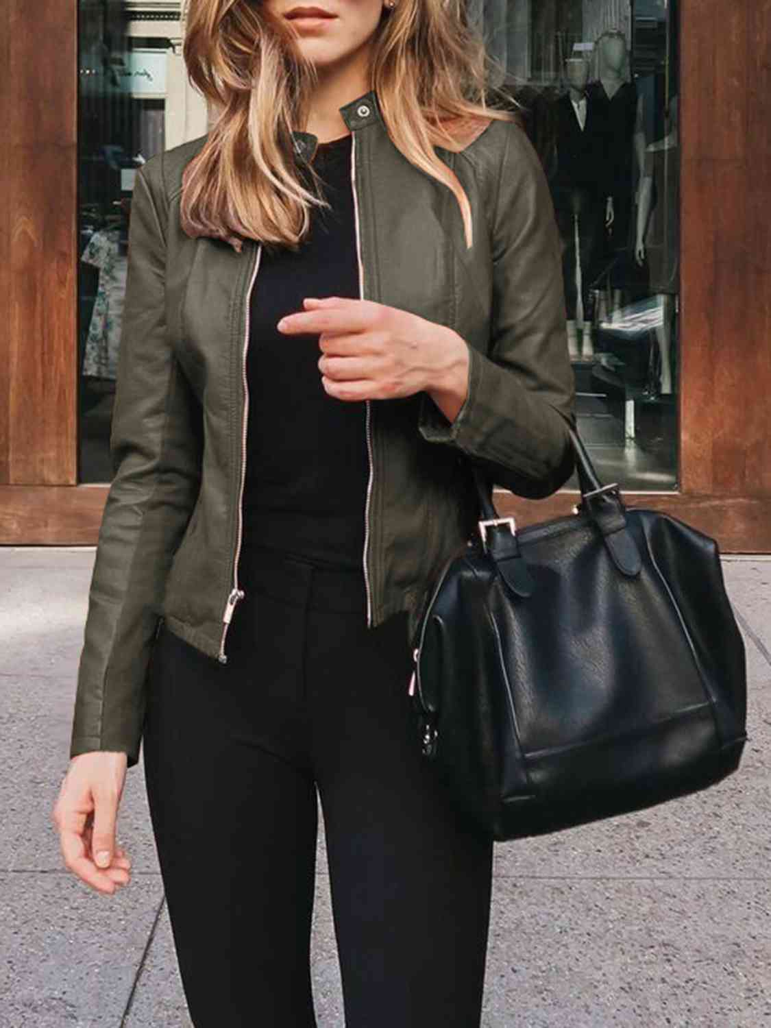 Mock Neck Zip Up Jacket | Casual Woman's Solid Polyester Spandex Jacket