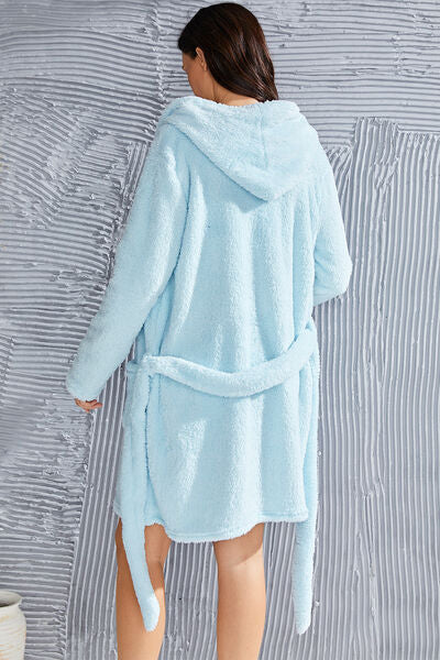 Fuzzy Tied Pocketed Hooded Lounge Nightgown | Soft Solid Polyester Nightgown