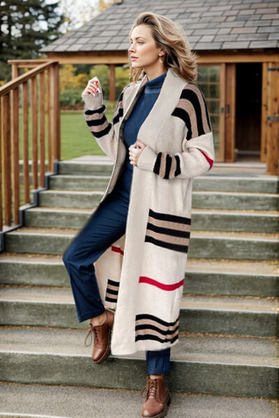 Striped Open Front Long Sleeve Longline Sweater Cardigan | Casual Cardigan