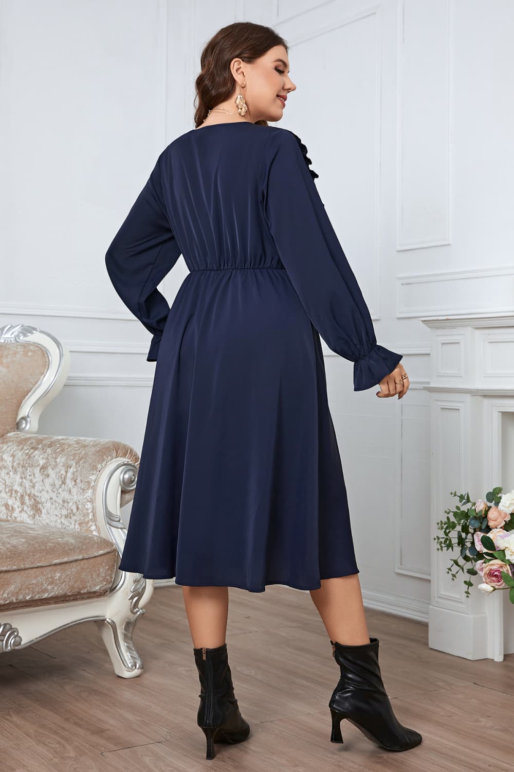 Plus Size V-Neck Buttoned Flounce Sleeve Dress