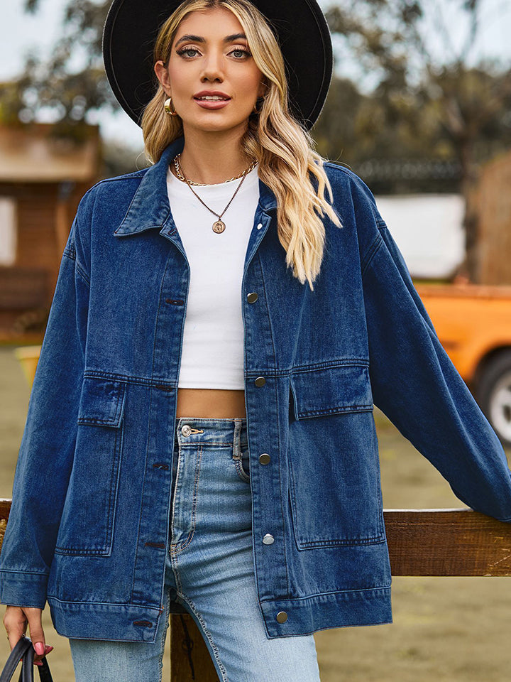 Dropped Shoulder Denim Jacket | Casual Jacket With Collar Neck & Button Closure