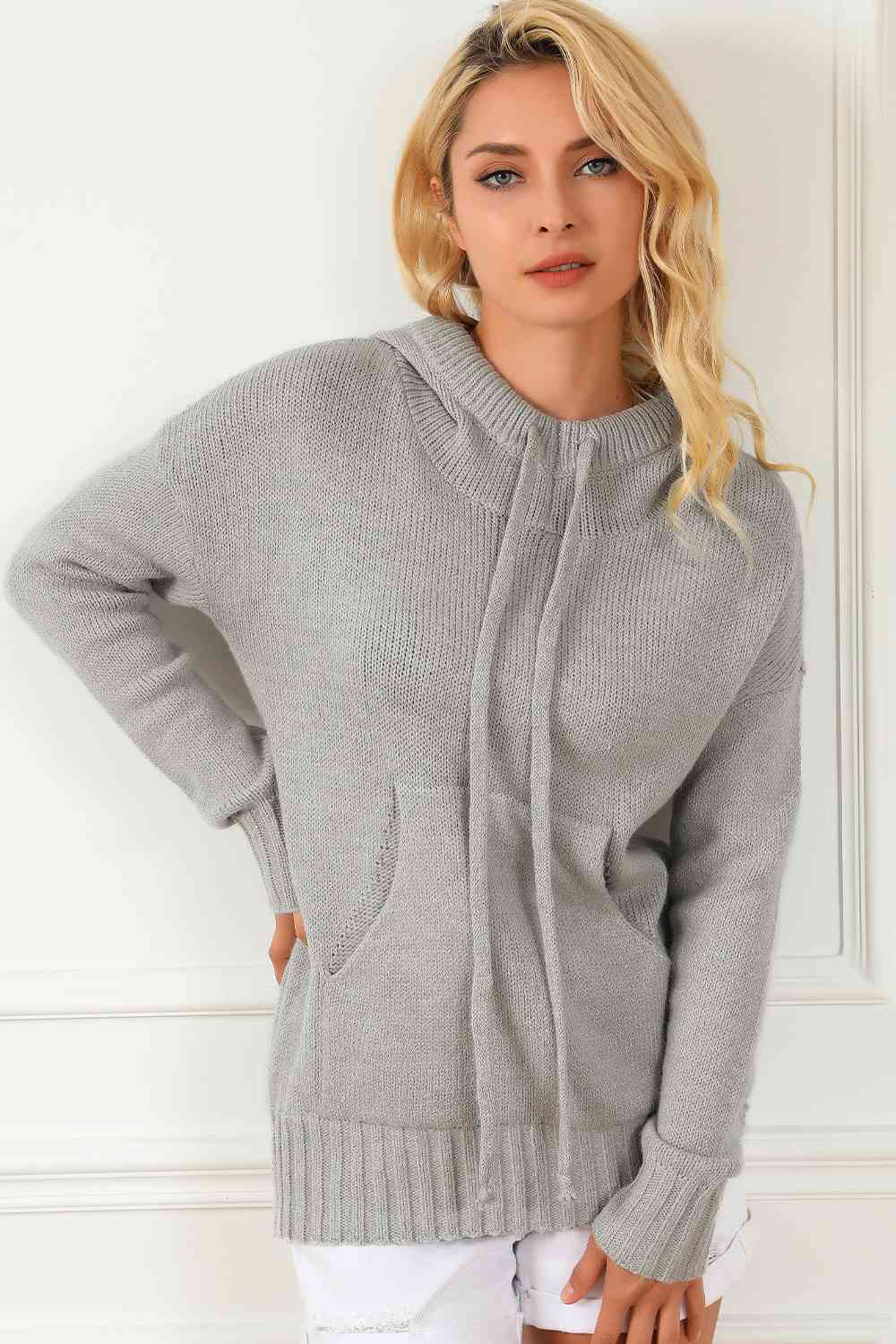 Drawstring Hooded Sweater with Pocket | Casual Polyester Sweater With Ribbed Hem