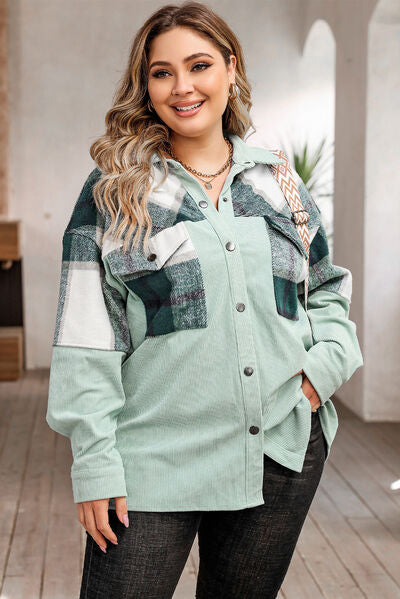 Plus Size Plaid Snap Down Jacket with Pockets | Collar Neck Polyester Jacket