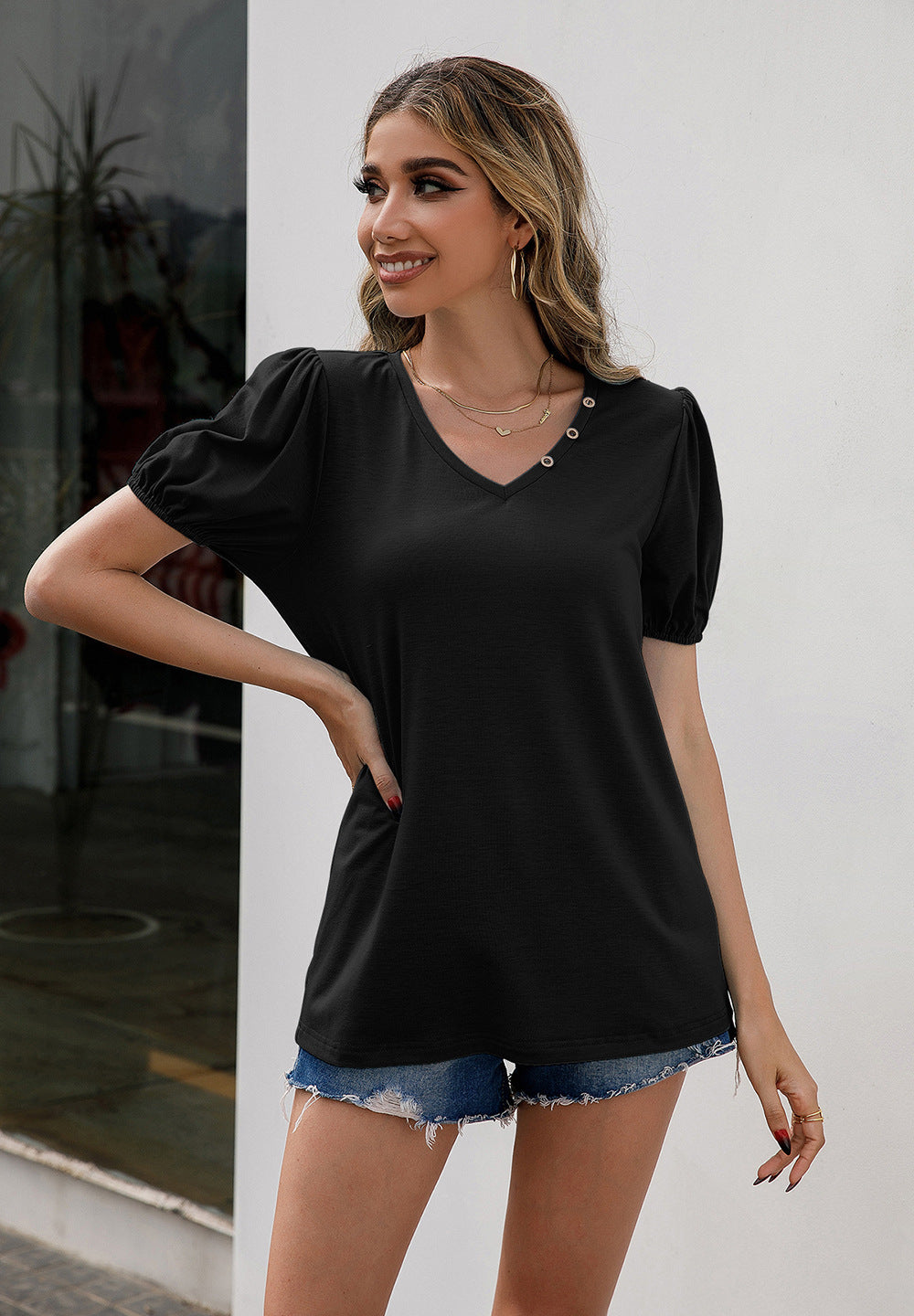 V-Neck Decorative Buttons Puff Sleeve Tee