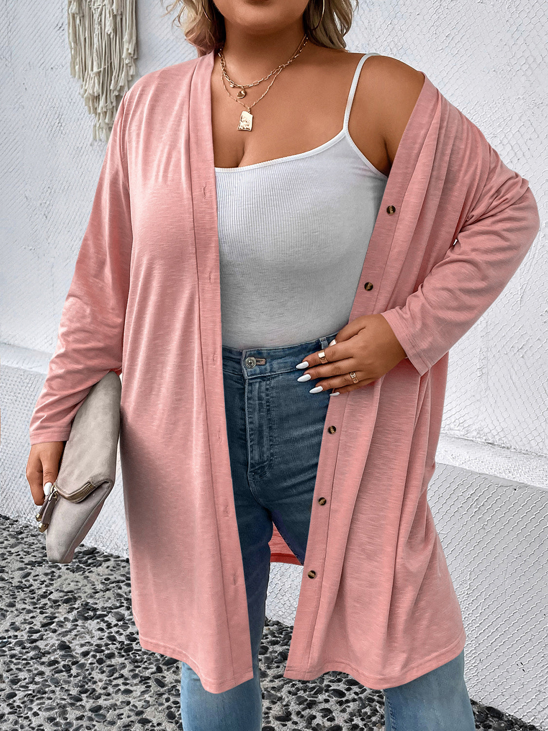 Plus Size Button Down Longline CardiganPlus Size Button Down Longline Cardigan | Polyester Cardigan With Long Sleeves