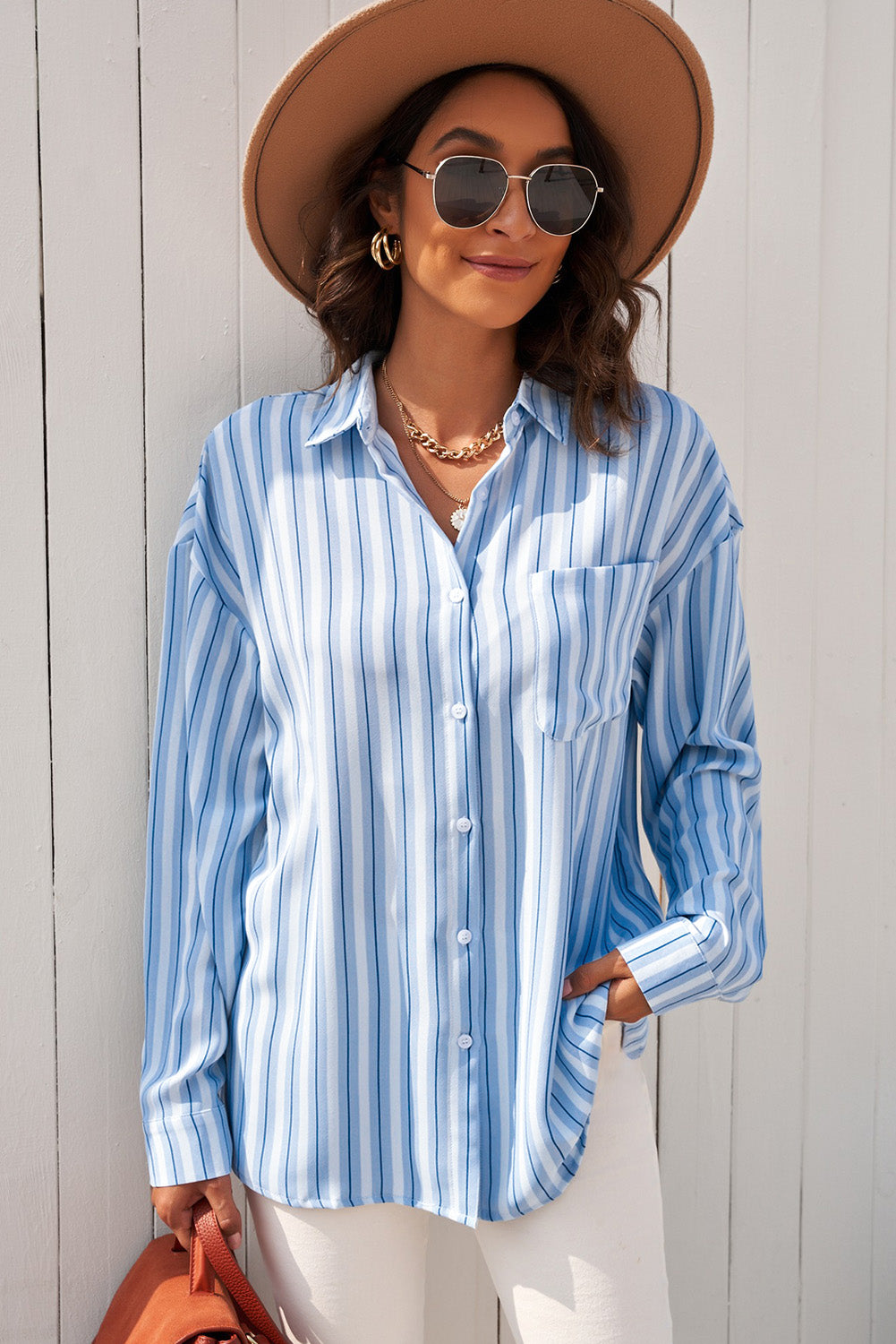 Striped Button-Up Dropped Shoulder Shirt