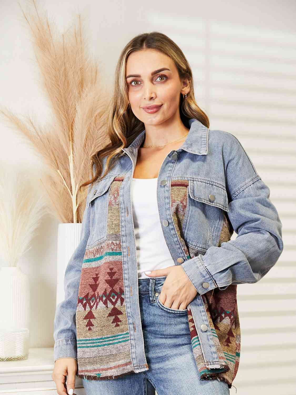 Collared Neck Dropped Shoulder Denim Jacket | Buttoned Jacket With Pockets