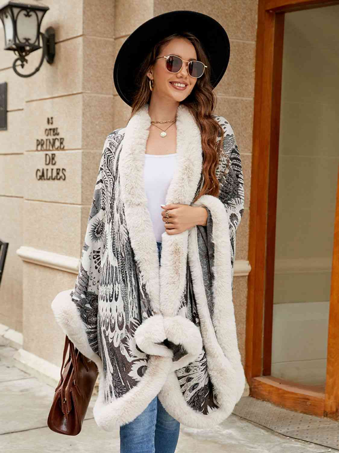 Printed Open Front Poncho | Casual Woman's Acrylic Poncho With Fur Detail