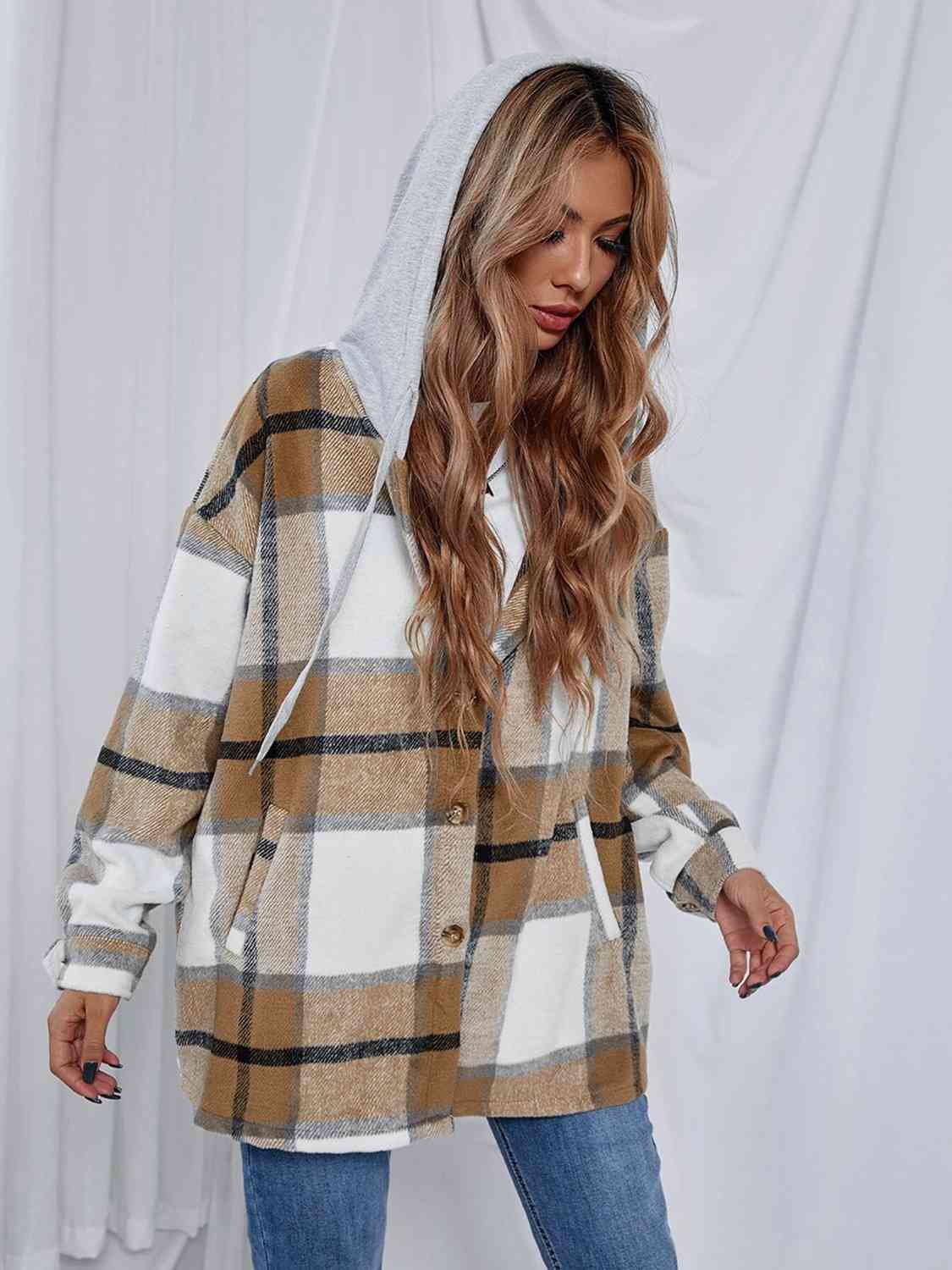 Plaid Hooded Jacket with Pockets | Casual Polyester Jacket With Long Sleeves