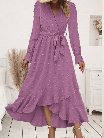 Swiss Dot Tie Waist Flounce Sleeve Dress | Long A-Line Dress With Long Sleeves