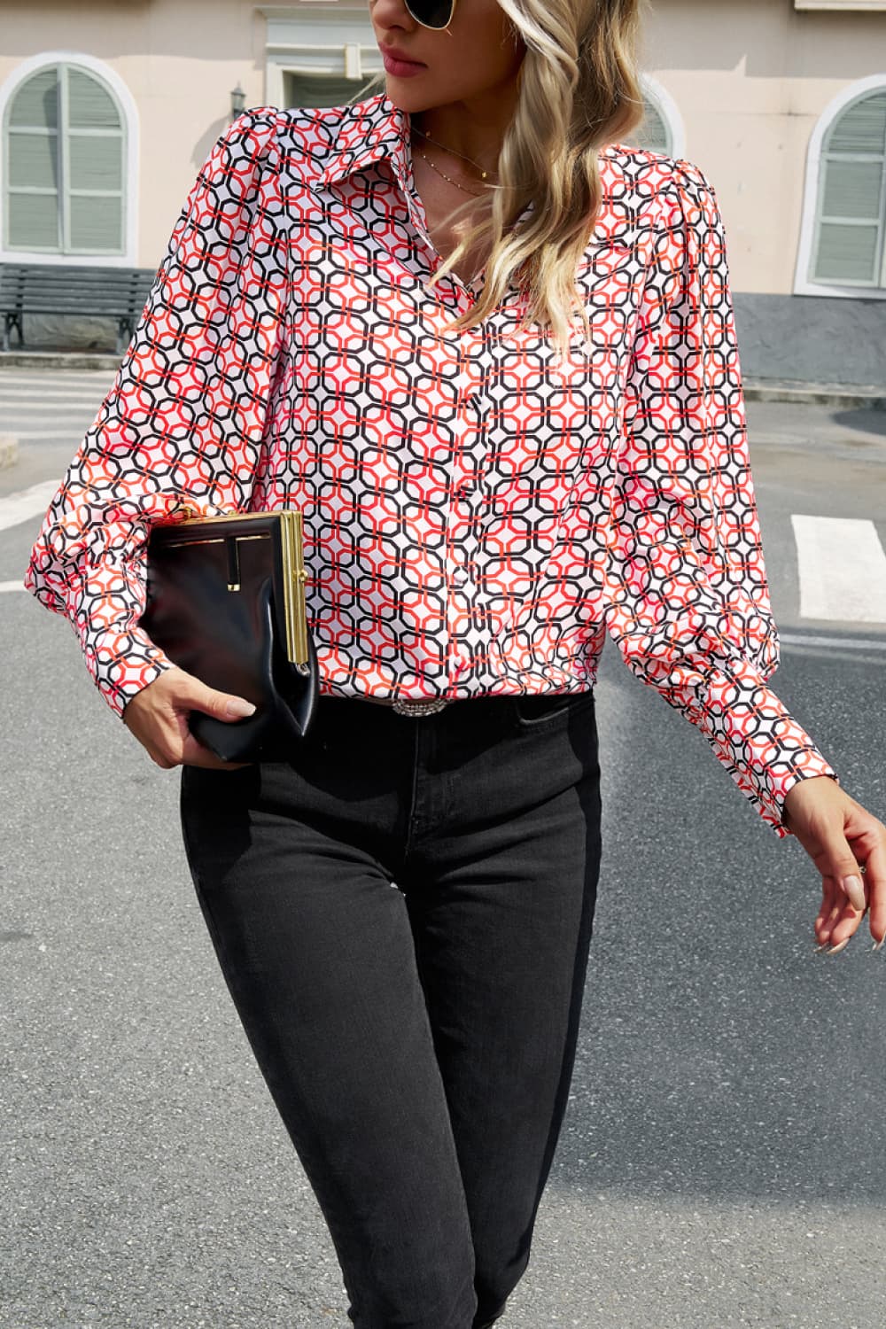 Printed Lantern Sleeve Shirt | Polyester Shirt With Collar Neck & Button Closure