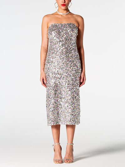 Sequin Straight Neck Midi Wrap Dress |  Formal Sleeveless Strapless Sequin Dress