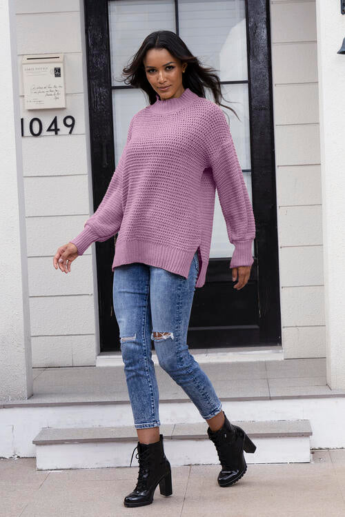 Round Neck Slit Sweater | Casual Solid Sweater With Ribbed Cuffs Hem & Neck