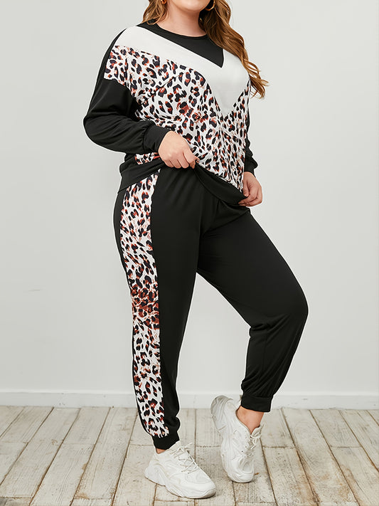 Plus Size Leopard Sweatshirt and Sweatpants Set | Polyester Set With Round Neck