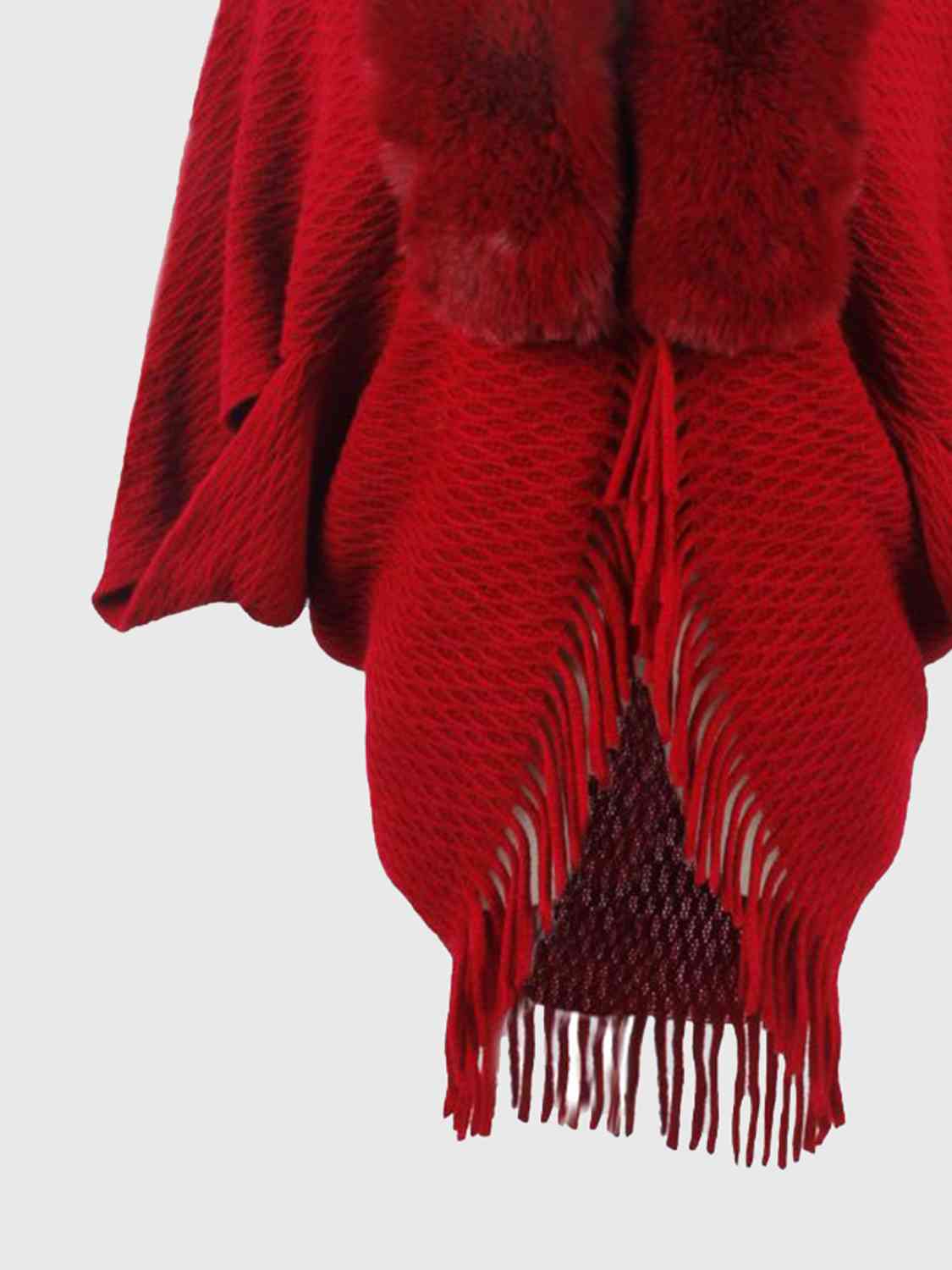 Open Front Fringe Hem Poncho | Casual Solid Fur Stretchy Polyester Poncho