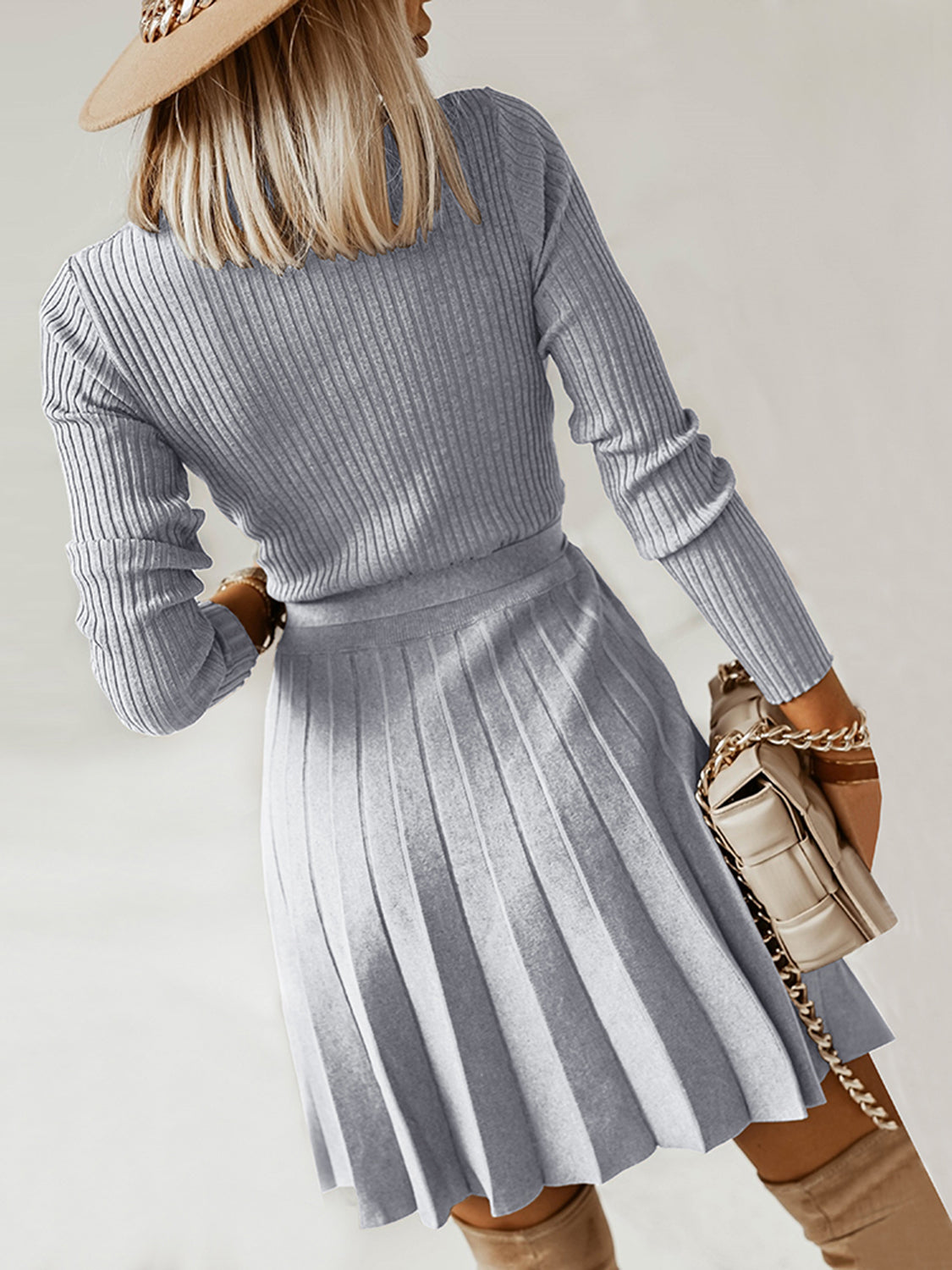 Surplice Neck Tie Front Pleated Sweater Dress | Solid Polyester Mini Dress