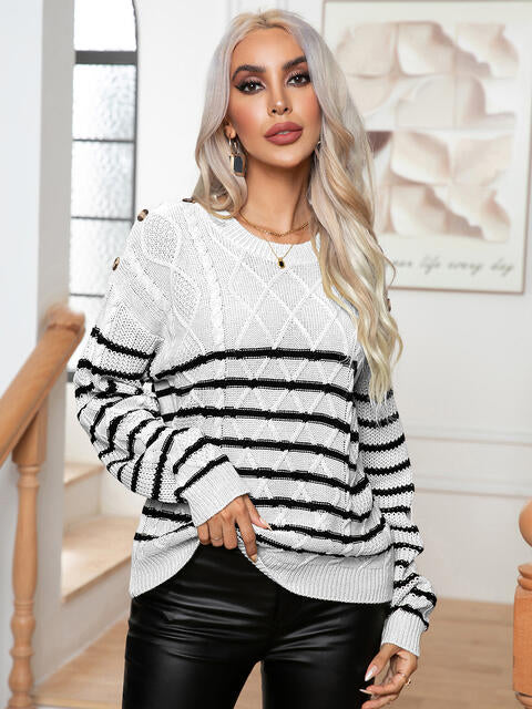 Striped Round Neck Cable-Knit Sweater | Acrylic Sweater With Ribbed Cuffs