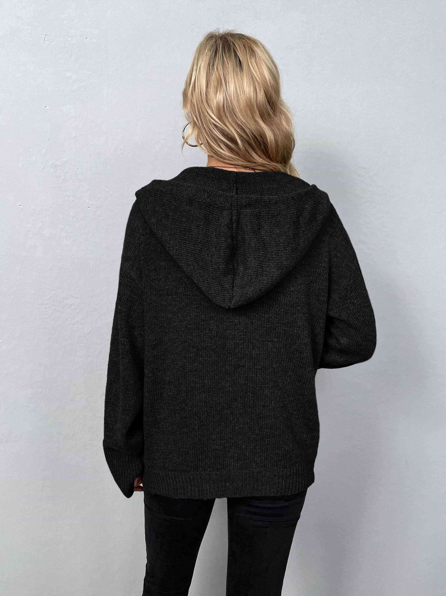 Button-Down Long Sleeve Hooded Sweater | Solid Sweater With Ribbed Cuffs