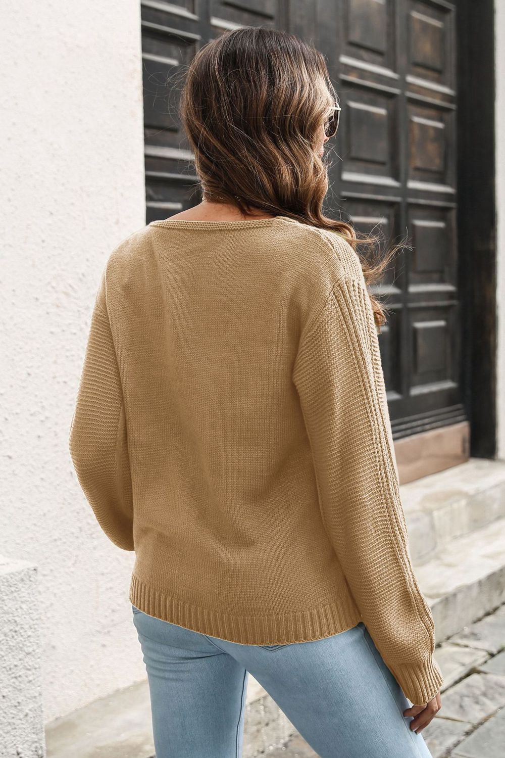 Ribbed Scoop Neck Long Sleeve Pullover Sweater | Ribbed Sleeves Acrylic Sweater