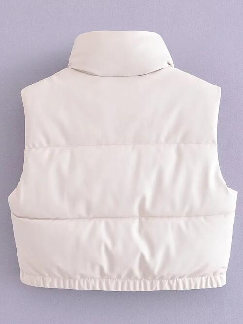 PU Leather Zip Up Drawstring Vest | Solid Polyester Vest With High Neckline