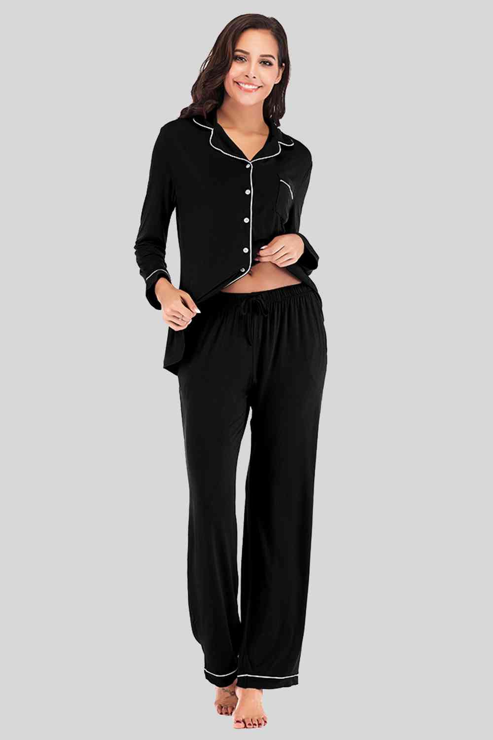 Collared Neck Long Sleeve Loungewear Set with Pockets | Stretchy Nylon Set
