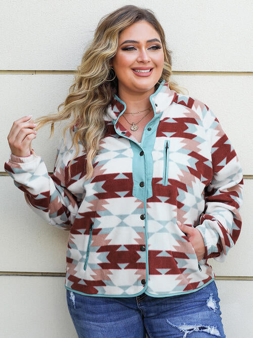 Plus Size Geometric Snap Down Long Sleeve Jacket | Pocketed Polyester Jacket