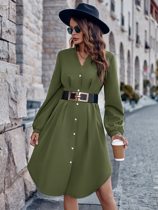 Notched Neck Long Sleeve Dress | Casual Polyester Dress With Button Closure