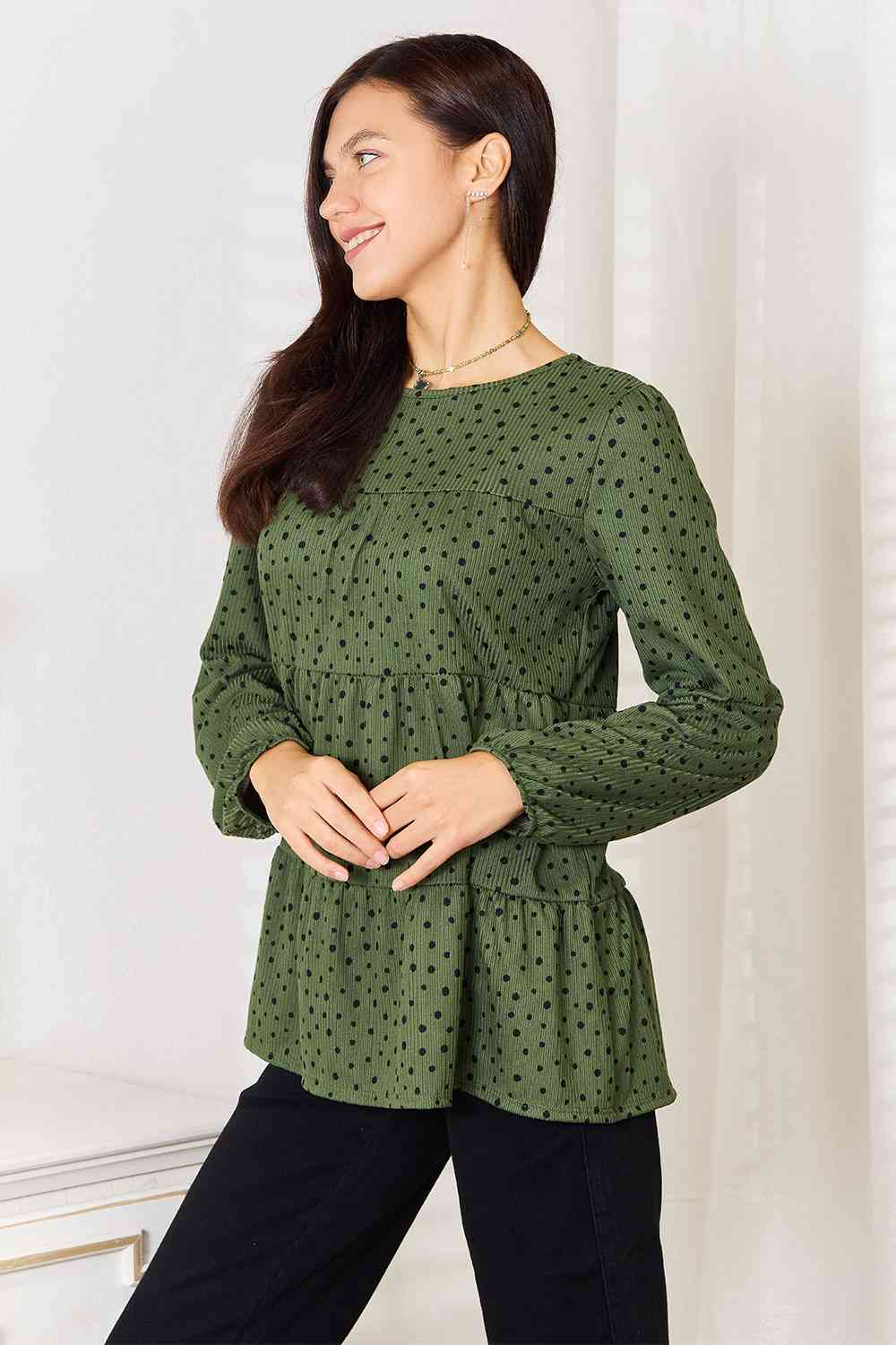 Heimish Full Size Long Puff Sleeve Polka Tiered Top | Stretchy Polyester Top