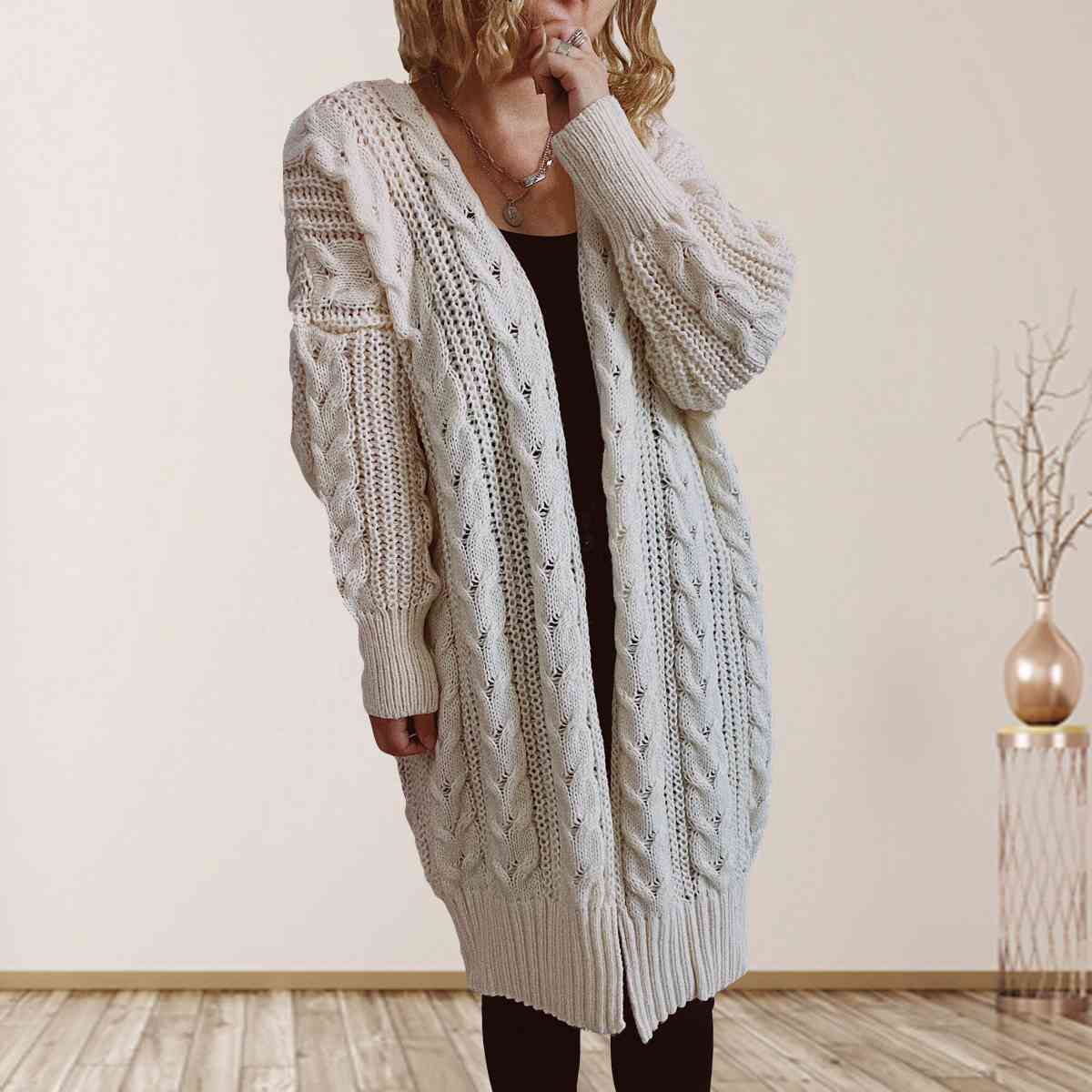 Cable-Knit Open Front Dropped Shoulder Cardigan | Warm Cardigan With Ribbed Hem