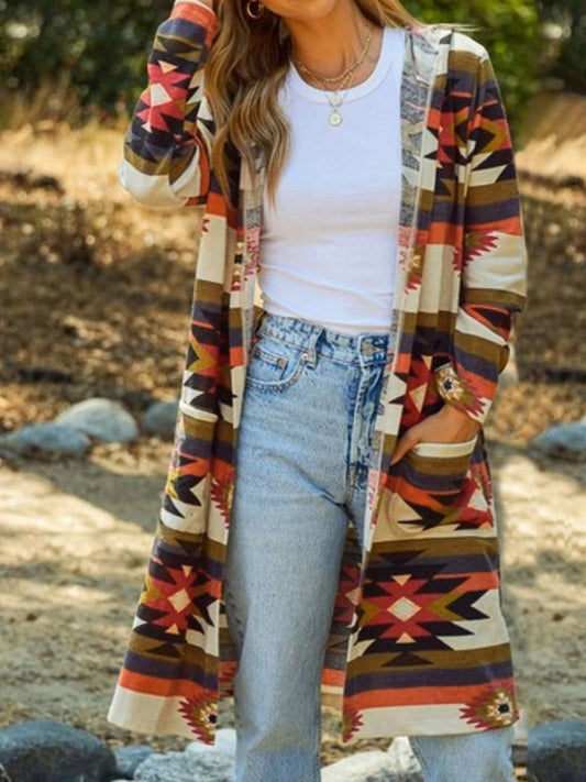 Geometric Hooded Cardigan with Pockets | Polyester Cardigan With Long Sleeves