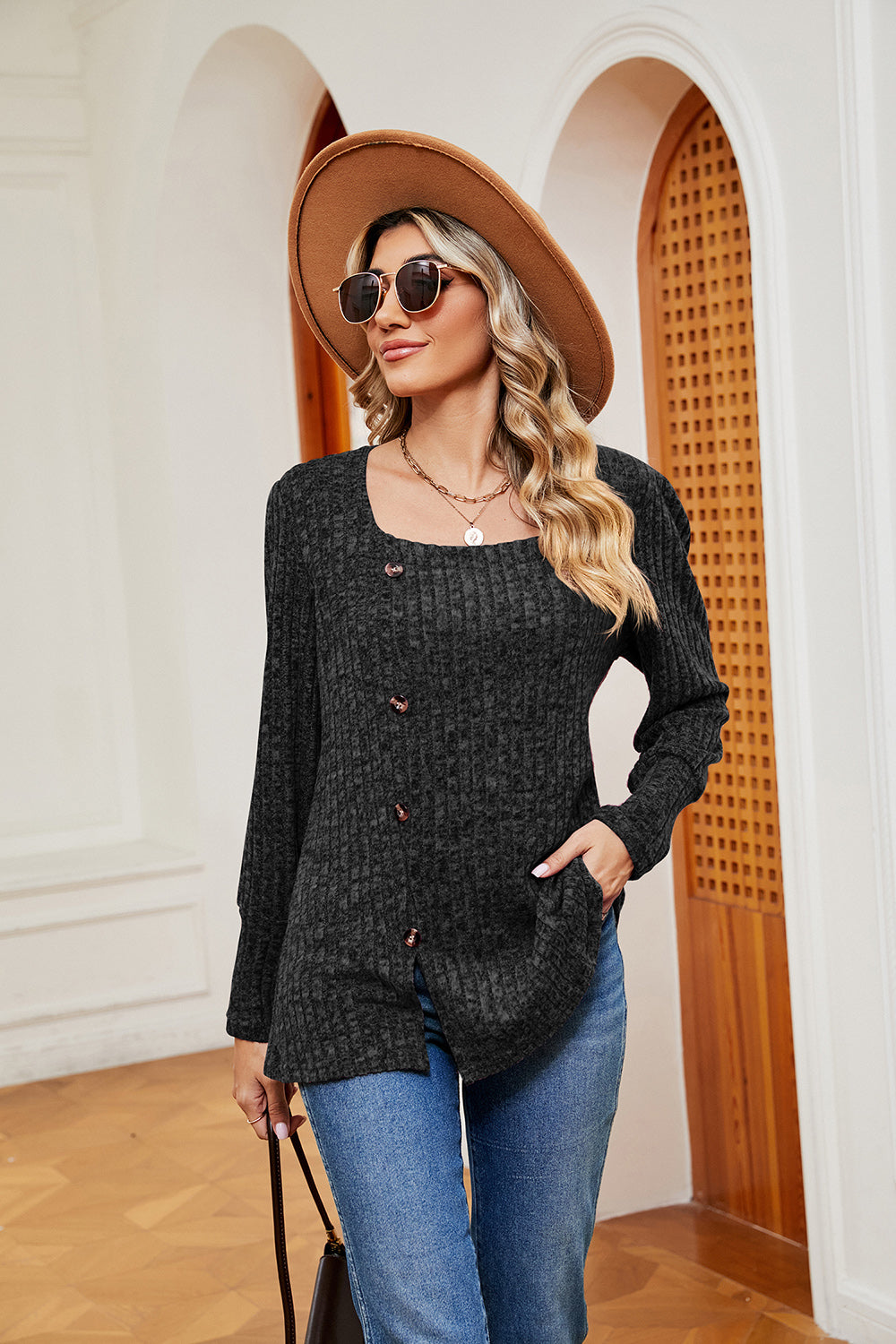 Decorative Button Slit Square Neck Top | Casual Ribbed Top With Long Sleeves