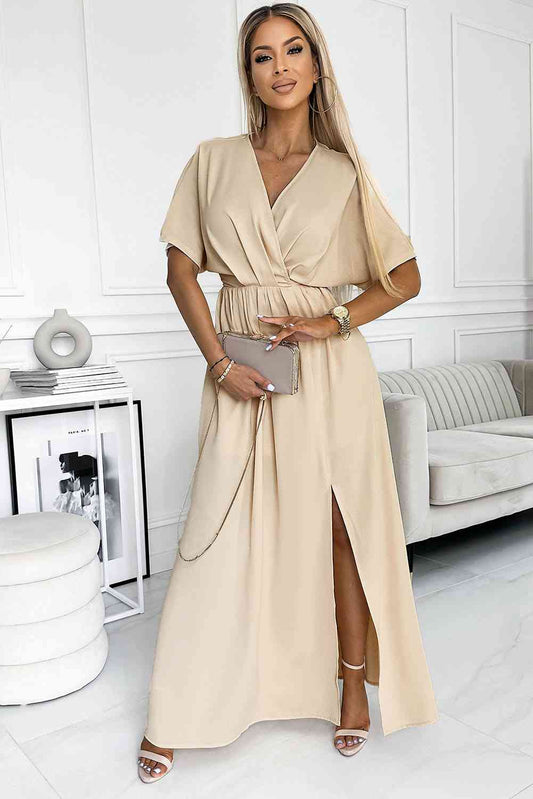 Surplice Neck Slit Maxi Dress | Formal Solid Polyester Dress With Short Sleeves