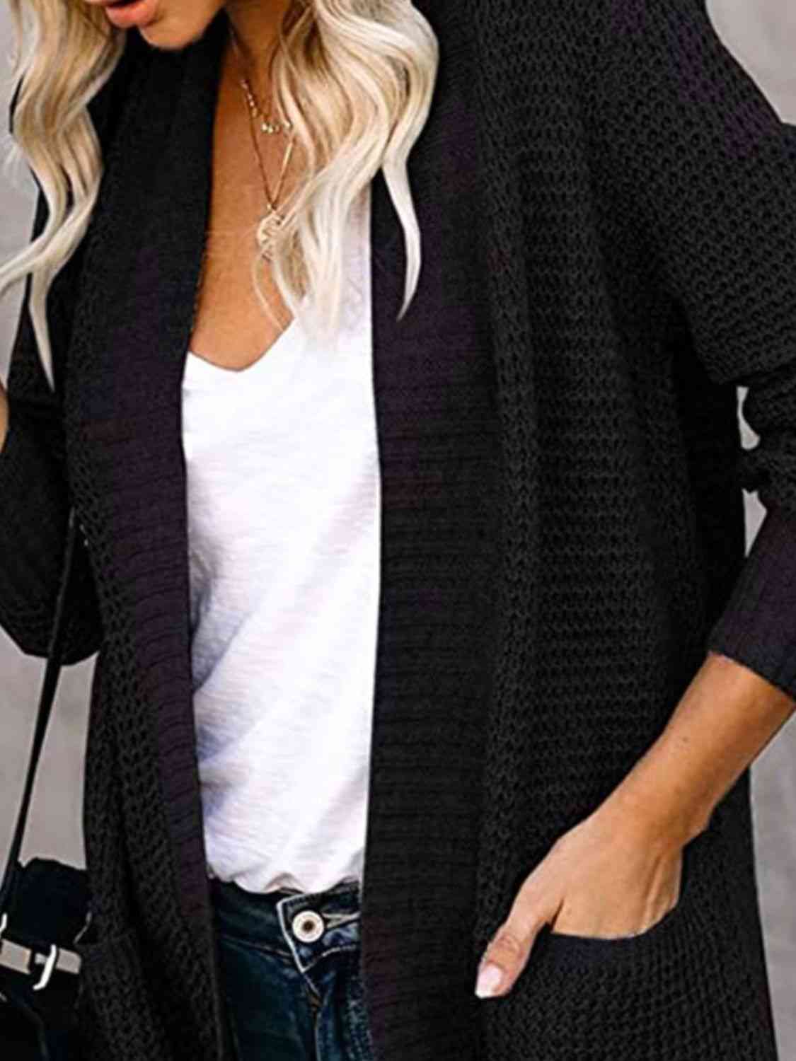 Open Front Long Sleeve Cardigan | Casual Polyester Cardigan With Side Pockets
