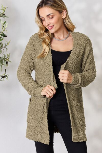 Zenana Falling For You Full Size Open Front Popcorn Cardigan | Pocketed Cardigan