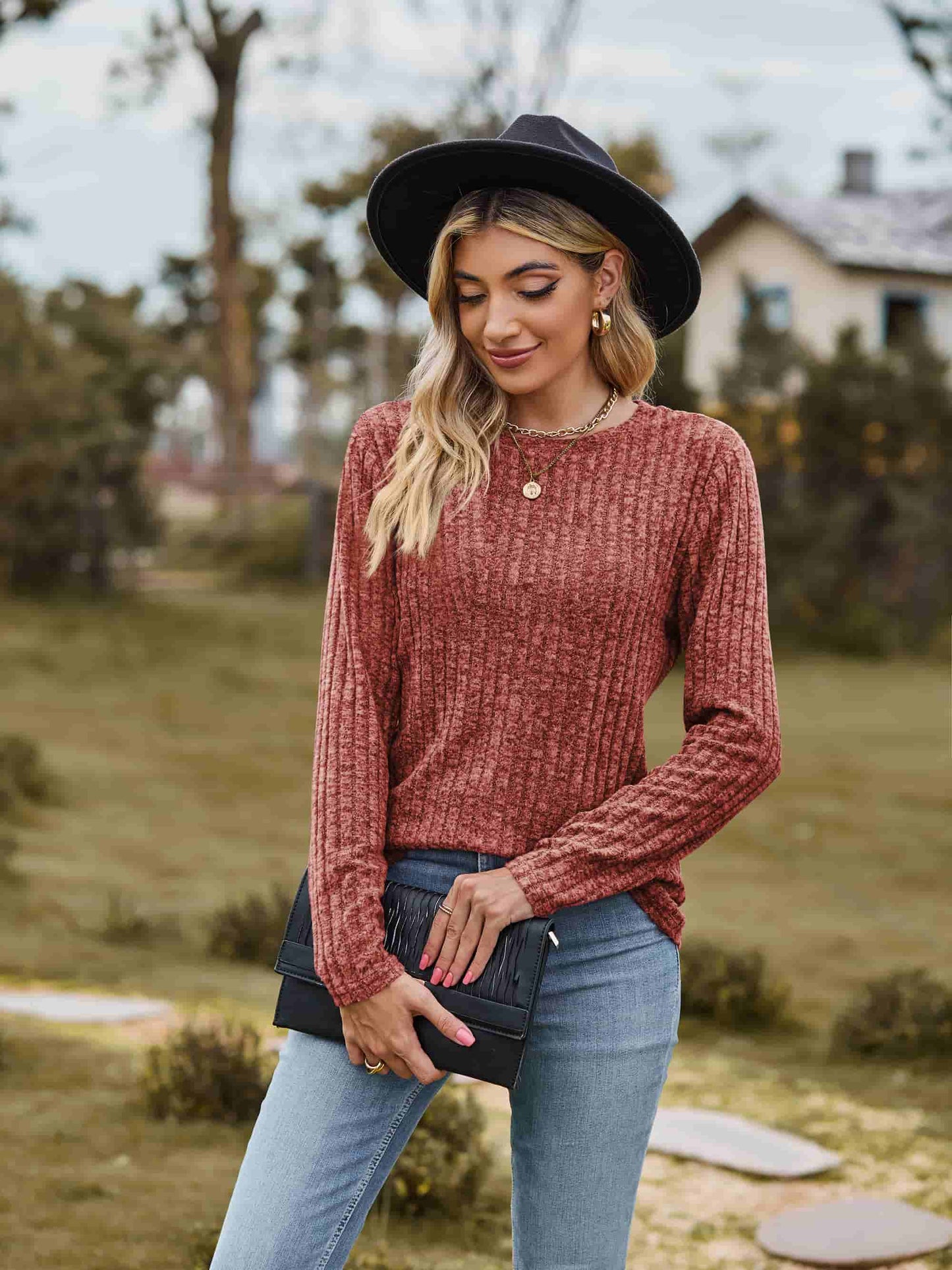 Ribbed Round Neck Long Sleeve Tee | Casual Heathered Solid Polyester Top